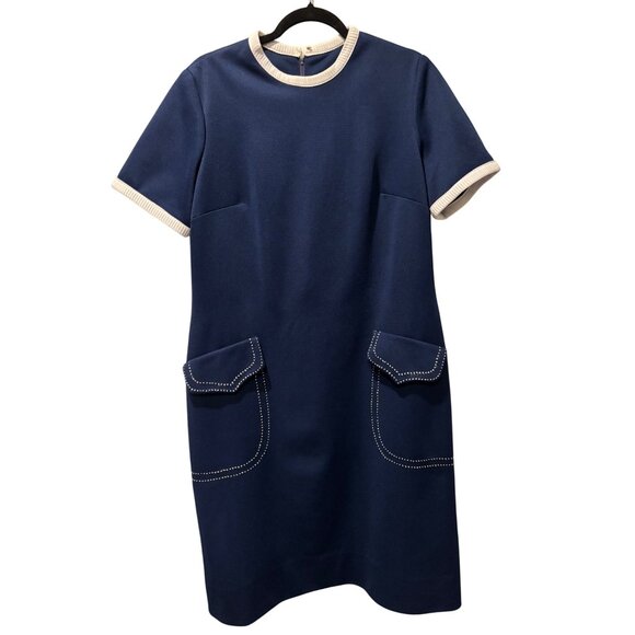 Vintage Henry-Lee Navy Short Sleeve Dress With Contrast Trim & Decorative Pocket - Picture 2 of 10